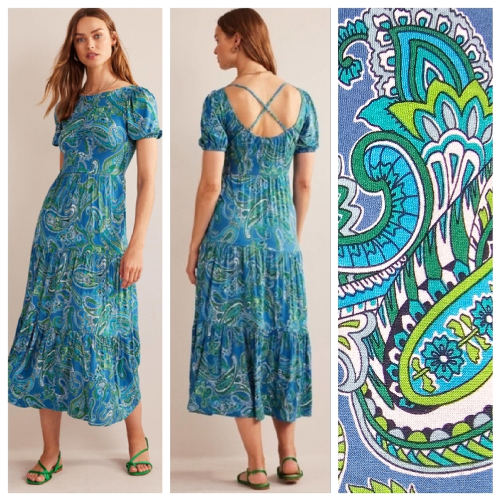 NEW Boden Cutout Back Jersey Maxi Dress Aegean Blue Paradise Pop Paisley